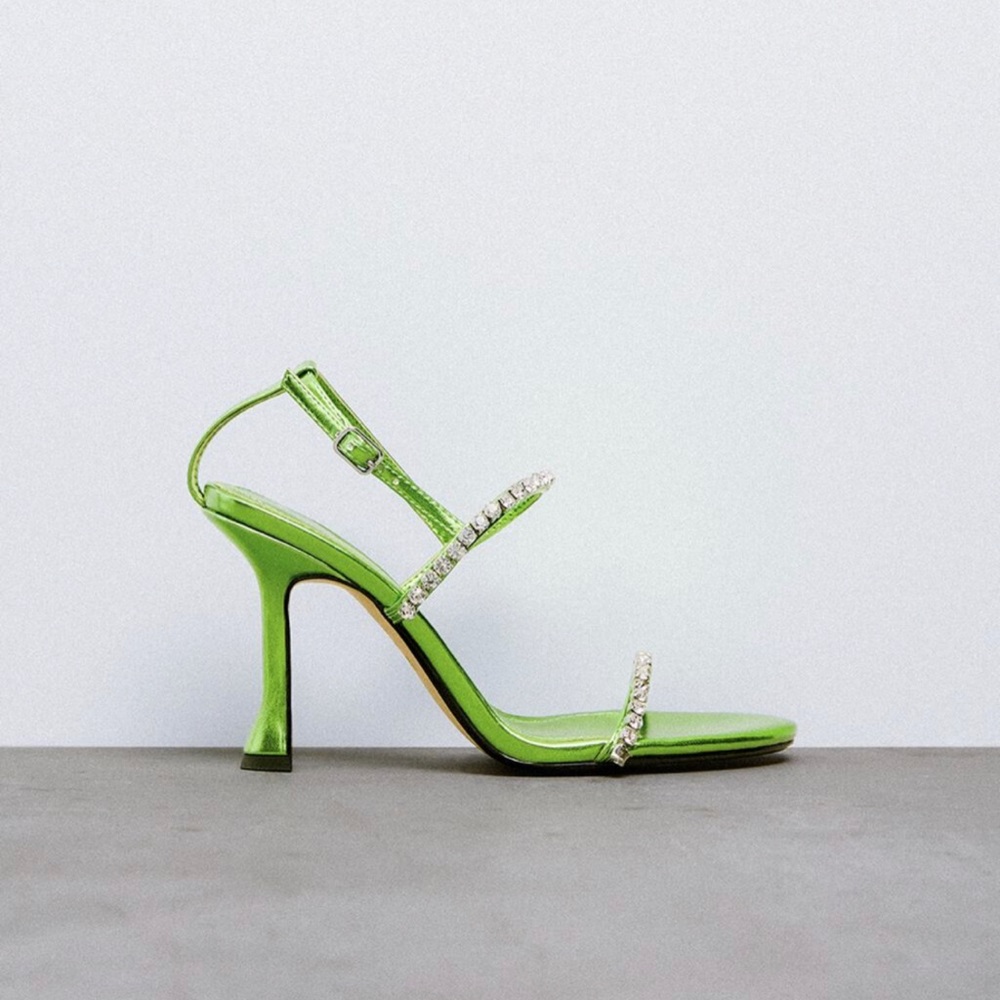 Zara Metallic Green Heel Sandals Size 38 EU 7.5 US